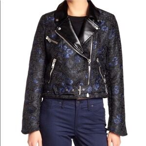 ABS by Allen Schwartz Moto Jacket Blue Black Floral Brocade S Biker Full Zip